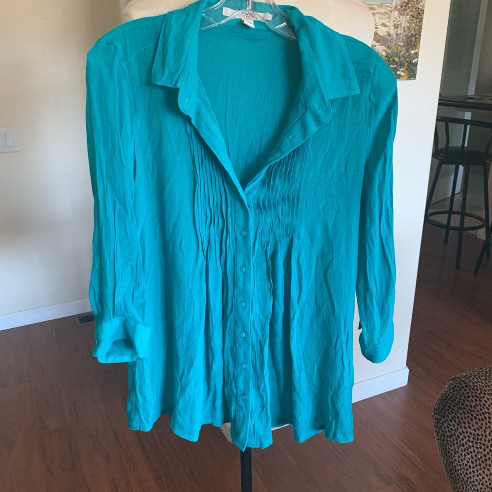 Teal Button-Up Women's pleated lightweight blouse, perfect for the warm weather